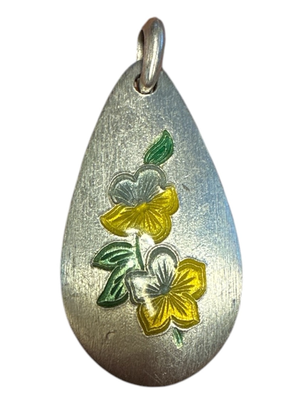 🔵 Pewter Teardrop Necklace Pendant with Yellow & Green Floral Enamel